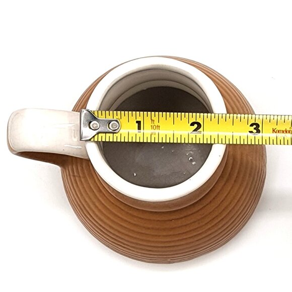 Vintage Cream Brown Glaze Ribbed Pottery No Spill Retro Travel Coffee Mug 14 oz - Picture 7 of 7
